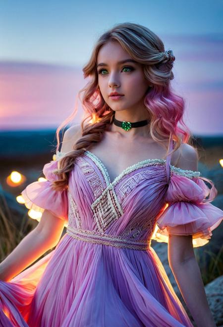 PonyScores, available light, in spring, dusk, sunset, shy, posing, stylish_pose, 1girl, cute, skinny, (((hair made of straw))), pink hair, long wavy hair, long hair, wavy hair, green eyes, emerald eyes, deep eyes, round face, front view, runes and rocks, scarce background, looking_at_viewer, dynamic_angle, head_tilt, masterpiece, (night, closeup), (face focus), leather choker, smoky eyes, beautiful makeup, long dress, dress made of straw, ball gown, ball gown made of straw, (((dancing)))