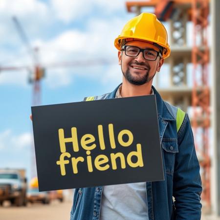 A man wearing a hard hat on a construction site holds a sign that reads: Hello friend