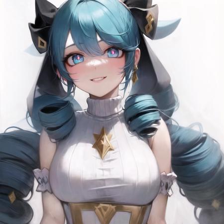 (alternate custome:1.5), (white turtleneck sweater), 1girl, absurdres, blue eyes, blue hair, drill hair, gwen \(league of legends\), hair ornament, highres, league of legends, long hair, parted lips, pink pupils, smile, solo, x, x hair ornament  <lora:gwenv2-000006:1>