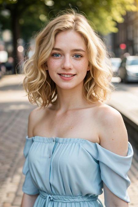 a beautiful woman, light blond wavy hair, darker roots, above shoulder length curly hair, wavy bob cut hair, ocean blue eyes, 1girl, standing full body, in the streets, dutch city background, amsterdamcanalhouse, wearing red dress, loose clothing, happy, smiling, joy, laughing out load, having fun, 4K, RAW, best quality, (masterpiece), (ultra-detailed), (hyperrealism:1.2), extremely detailed eyes, (extremely detailed face), textured skin, (photorealistic, hyperdetailed:1.2), insane details, stunningly beautiful, pale skin, freckles, blush, detailed skin, extremely detailed, (RAW photo, best quality), (realistic, photo-realistic:1.3), best quality ,masterpiece, an extremely delicate and beautiful, extremely detailed natural lighting, summer, sun rays, ethereal golden hour, film grain, (bokeh:1.3), Porta 160 color, shot on ARRI ALEXA 65, sharp focus on subject, Fujifilm XT-3, <lora:picxer_real:0.8>