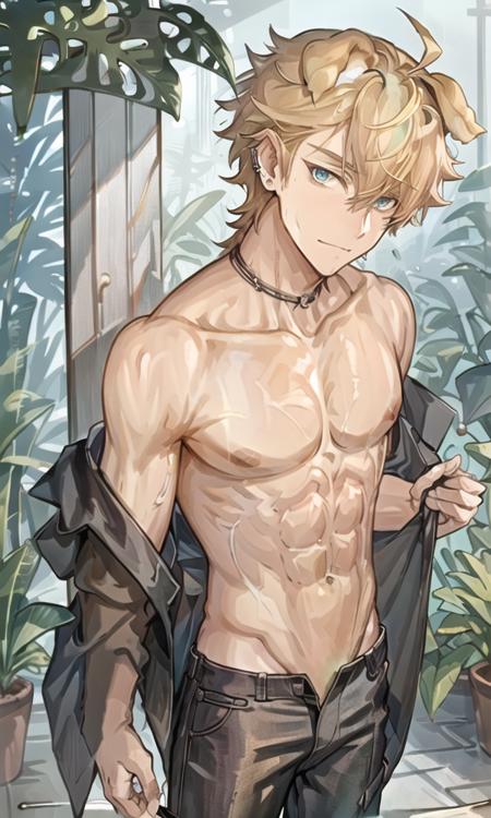 <lora:longshelanV2:0.5>, 1boy,  ((solo)), blonde_hair, (aqua_eyes),earrings, (dog ears), jewelry, (bare shoulders), collarbone, pov crotch,((perfect anatomy)) (wet),(abs),nude,((bare body)),bishounen,cowboy_shot,dappled_sunlight, ((pants)),male_focus, ((solo)),standing, god rays, sea, coconut_trees