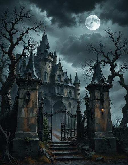 A (Gothic castle:1.05) with (tall, dark towers:1.15) and (a large, ominous gate:1.2) stands in the background, shrouded in (dark, stormy clouds:1.15), with (a full moon:1.32) casting eerie shadows on the (crumbling walls:1.15) and (a large, twisted tree:1.15) in the foreground. The castles (dark, gothic interior:1.15) is filled with (creepy, cobwebfilled rooms:1.15) and (a large, ominous staircase:1.15) leading to the (dark, mysterious attic:1.15). The castles (haunted, eerie atmosphere:1.15) is accentuated by (the sound of howling wolves:1.15) and (the distant sound of thunder:1.15). The overall mood of the image is (dark, mysterious, and haunting:1.15).