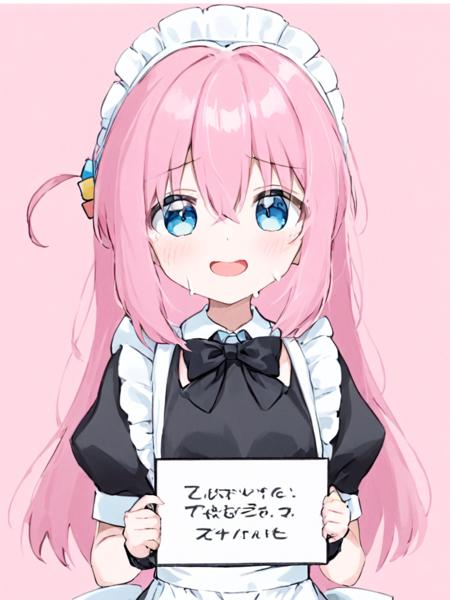 <lora:boki:1>,1girl, gotou_hitori, solo, cube_hair_ornament, holding, blue_eyes, pink_hair, long_hair, maid_headdress, white_background, maid, simple_background, hair_ornament, upper_body, bow, bangs, cropped_torso, sign, one_side_up, black_bow, smile, holding_sign, dress, puffy_sleeves, hair_between_eyes, :d, short_sleeves, open_mouth, black_dress, official_alternate_costume, wrist_cuffs, maid_apron, puffy_short_sleeves, apron, frills, bowtie, tears