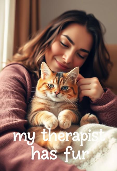 A warm and cozy moment captured on camera, with a plush cat nestled snugly in a woman's lap. The cat's soft fur blends seamlessly with her gentle touch as she strokes its whiskered face. Natural light pours in from the left, highlighting the tender scene. The woman's relaxed expression radiates calmness, while the cat's contented gaze conveys trust and companionship. The whimsical font below reads: 'my therapist has fur', a playful nod to the therapeutic bond shared between human and feline.