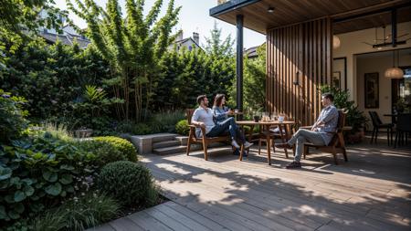 The image features a man and a woman sitting on a wooden deck,enjoying each other's company. They are both seated on a bench,and the woman is holding a cup in her hand. The deck is surrounded by a lush green garden,creating a serene and relaxing atmosphere. There are several potted plants scattered around the deck,adding to the natural ambiance. A dining table is also present,suggesting that the couple might be having a meal or a conversation while enjoying the outdoor setting.,