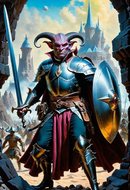 A hyperrealistic 8k photograph was captured by Sid Avery's Hasselblad camera, depicting close-up a handsome+ Tiefling shield bearer with pink+++ skin and slender build during a battle+++, surrounded by goblins++, He has a bald head, neon yellow eyes, calm++ and handsome+ and detailed face, cold smile++, mysterious and ominous aura of dark shadows enveloping the figure, Lovecraftian Horror-themed, in the artistic style of Boris Vallejo, Shadows casting an uncanny atmosphere, hints of eldritch dark energy crackling, He is dressed in a musketeer outfit, high details and era-appropriate, He is wielding a magically radiating+ Backsword+ in the right hand, and he is holding a steel shield+++ in the left hand, Backdrop (background) of a focused scene of a battle with goblins next to a crystal palace, Mysterious composition, imbued with a dark, ambient 3d warm studio backlight.