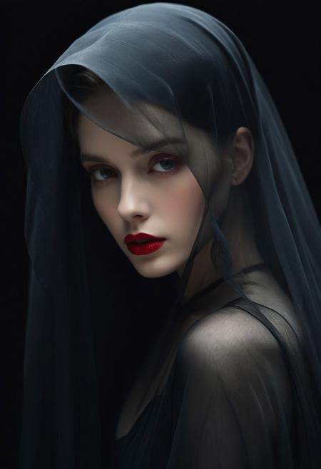 A haunting side-profile portrait of a woman with pale skin, rich red lips, and intense amber eyes, partially obscured by translucent black veils drifting gently in front of her face. The background is a deep shadow, and the soft lighting sculpts her features with dramatic contrast. Her gaze is meditative, almost timeless. Muted color palette with subtle vibrancy, silky skin texture, elegant and atmospheric mood, blending stillness and vibrance in surreal clarity