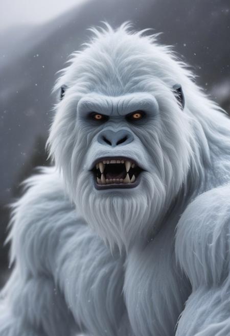 Yeti, in the mountains, snowing, close up, photo