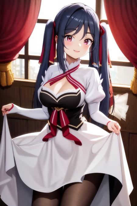 masterpiece, best quality, highres,  1girl zenovia marden twintails hair ribbon, white dress clothing cutout white sleeves red ribbon black vest <lora:zenovia_marden:1> skirt lift, smile