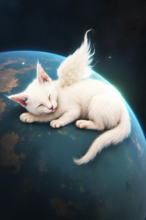 a cute beautiful glowing white kitten with wings sleeping on a planet painted by AmeshinART