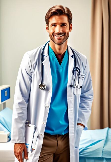 (full-body:1.10), A realistic hot man doctor, stethoscope, whote doctor lab coat, doctor's clothes, wide smile, thoughtful, brown hair, boyfriend taking care of you in the hospital bed, standing pose