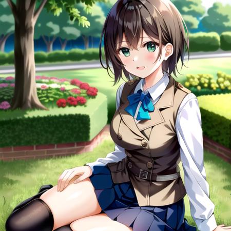 aoi, solo, 1girl (sitting in a garden:1.4) with (short brown hair:1.2) and (green eyes:1.3) and (wearing pleated skirt and brown vest and collared shirt and blue bow and black thighhigh:1.3) and (very thick thighs:1.4)
{{{masterpiece}}}, {{best quality, super fine illustration}}, ((dense hair)),  ((beautiful eyes)),{very delicate light, perfect and delicate limbs}, {{ fine luminescence ,very fine 8K CG wallpaper}}, ((an extremely delicate and beautiful girl)), dynamic angle, l (staring blankly, lovely big eyes), beautiful detailed eyes, (absurdres, incredibly absurdres, illustration, ultra-detailed),
solo, high quality, CG, wallpaper, anime girl,dense hair, cute face, two legs, detailed hair, (very detailed hair), (beautiful eyes), Na-ga style