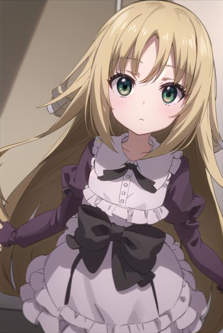 chizuruakaba, <lora:elise toudou s2-lora-nochekaiser:1>,
elise toudou, long hair, blonde hair, (parted bangs:1.5), (green eyes:1.3),
BREAK bow, hair bow, bowtie, dress, frills, puffy sleeves, purple dress, skirt,
BREAK indoors, classroom,
BREAK looking at viewer, (cowboy shot:1.5),
BREAK <lyco:GoodHands-beta2:1>, (masterpiece:1.2), best quality, high resolution, unity 8k wallpaper, (illustration:0.8), (beautiful detailed eyes:1.6), extremely detailed face, perfect lighting, extremely detailed CG, (perfect hands, perfect anatomy),