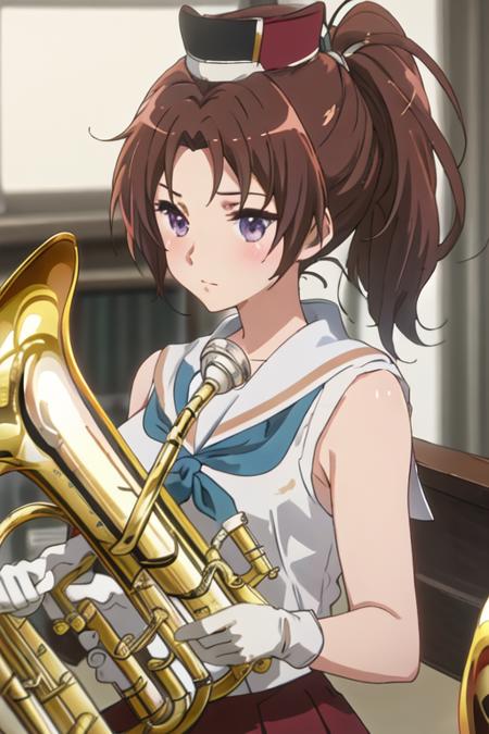 best quality, masterpiece, highres, solo, {nakagawa_natsuki_soundeuphonium:1.15}, brown_hair, ponytail, long_hair, purple_eyes, blush, serafuku, closed_mouth, indoors, bangs, blurry, blurry_background, band_uniform, hat, instrument, solo_focus, 1girl, holding, holding_instrument, shako_cap, gloves, skirt, sleeveless, white_gloves, looking_at_viewer