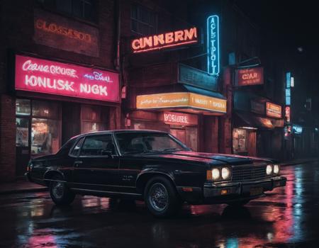 Neon noir <lora:AB ILL Vehicle:1>,Andrew Bell,car,classic, . Cyberpunk, dark, rainy streets, neon signs, high contrast, low light, vibrant, highly detailed