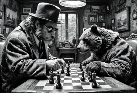 (in Otomo Katsuhiro style:1.2), high-quality, masterpiece, zPDXL3 score_8, score_9, BREAK detailed, high quality, BREAK 1Pandabear and 1grizzlybear, playing a game of chess against each other BREAK Pandabear fluffy black and white fur, cool sunglasses sitting BREAK Grizzlybear darkbrown fur expensive watch and fedora sitting BREAK  side view, chessboard in the middle(black and white checked pattern) BREAK  full body focus,perfect face, perfect eyes, detailed face, extreme detailed eyes, add_detail, tropcial island background in hair with a dreamy surreal atmosphere, (elaborate fine details:1.1), (hyperdetailed:1.1), (intricate details:1.0), (Refined details:1.1), (best quality:1.1), (high resolution:1.2)