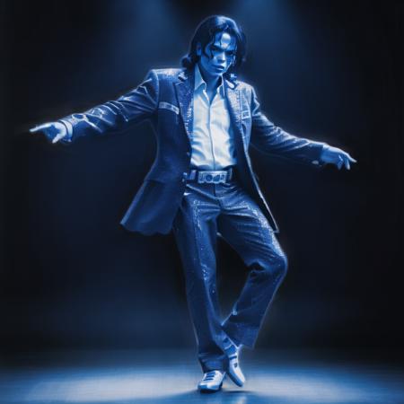 A realistic full-body portrait of a figure resembling Michael Jackson, captured in a vivid and true-to-life style. The subject is striking a dynamic pose reminiscent of Jackson's iconic dance moves, with a strong emphasis on the fluidity and elegance typical of his performances. The attire reflects Jackson's unique fashion sense, with a hint of shimmer and signature accessories. The background is a stage-like setting, complete with dramatic lighting that casts expressive shadows, enhancing the performance's intensity. Attention to detail is evident in the facial features, capturing a faithful resemblance while maintaining artistic originality,<lora:blue_ar:0.85>,blue