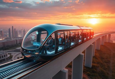 Masterpiece. Science fiction concept art. Hyper-realistic science fiction concept art depicting a fully operational hyperloop train. The hyperloop is a sleek, futuristic marvel, its tubular structure made of reflective metallic alloy, with translucent glass sections glowing with dynamic holographic patterns. The train is in motion, levitating above magnetic tracks that pulse with energy, streaking through a vast, surreal environment. Passengers inside are visible through the transparent windows, seated in ergonomic seats, surrounded by ethereal holographic projections—maps, personal AI assistants, and immersive entertainment systems. The passengers’ expressions reflect wonder and calm, symbolizing a union of human ingenuity and comfort. The surrounding environment is a vision of the future: a sprawling megacity shimmering in the distance, its towers adorned with bioluminescent vertical gardens and reflective solar panels. In the foreground, the train curves along an elevated track that cuts through an unspoiled landscape. Above, the sky bursts with the colors of a setting sun. The composition is dynamic, with the train’s motion blurred slightly to convey speed, while the hyper-detailed environment around it is sharp and vivid. The overall tone is one of innovation, sustainability, and the limitless potential of human creativity. high-res, semi realistic, best quality, intricate details, ultra details, good lighting, vibrant colors, very detailed, octane render, ray tracing,