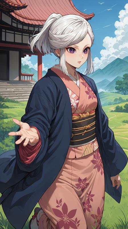 white hair hair up purple eyes pink kimono blue haori blue coat