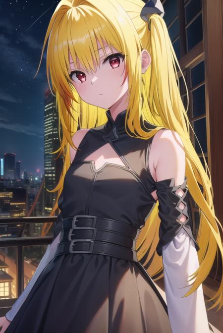 toloveruyami, <lora:yami darkness-lora-nochekaiser:1>, 
yami, (yellow hair:1.5), long hair, (red eyes:1.5), (hair ornament:1.2), two side up, (small chest:1.2), 
BREAK sleeveless, detached sleeves, dress, black dress, black skirt, clothing cutout, cleavage cutout,
BREAK outdoors, night, sky, star \(sky\), moon,
BREAK looking at viewer, (cowboy shot:1.5),
BREAK <lyco:GoodHands-beta2:1>, (masterpiece:1.2), best quality, high resolution, unity 8k wallpaper, (illustration:0.8), (beautiful detailed eyes:1.6), extremely detailed face, perfect lighting, extremely detailed CG, (perfect hands, perfect anatomy),