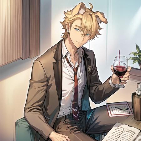 <lora:longshelan:0.5>, 1boy,  blonde_hair, aqua eyes, ((solo)), sunglasses, earrings, ((dog ears)), jewelry, ,bishounen,cowboy_shot, dappled_sunlight,  (bare body), ((brown pants)),(((underwear))),male_focus,collared_shirt,couple_cup,drinking_glass,(((necktie))),jewelry,male_focus,muscular,muscular_male,necktie,necktie_grab,neckwear_grab,red_wine,ring,shirt,sitting,veins,veiny_arms,whiskey,wine,wine_glass,  god rays