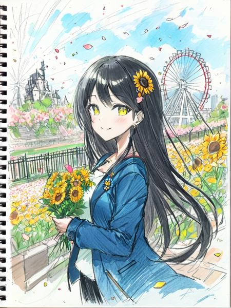 <lora:caogao:1>,sketch,girl, architecture, bangs, black_hair, blue_sky, blush, bouquet, breasts, building, castle, cherry_blossoms, city, cityscape, cloud, cloudy_sky, collarbone, confetti, daisy, day, falling_petals, fence, ferris_wheel, field, flower, flower_field, hair_ornament, hairclip, holding, holding_flower, house, jacket, leaves_in_wind, long_hair, long_sleeves, looking_at_viewer, open_clothes, open_jacket, outdoors, petals, rose_petals, sky, skyline, skyscraper, smile, solo, sunflower, tower, upper_body, wind, windmill, yellow_flower