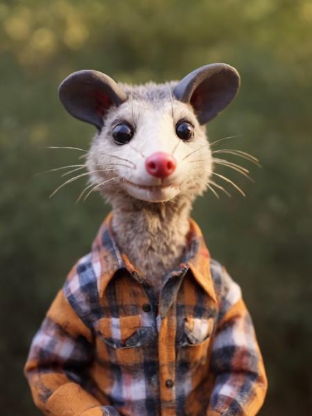 portrait of  anthropomorphic possum in plaid shirt fall colors  <lora:Opossum-possum-000002:1> possum, stop motion, stopmo, animation, fir  <lora:SDXL-clayanim:.4> clayanim , outdoors