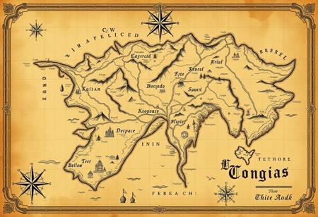 Elegant map of a vast mysterious fantasy world with an old, vintage feel. Blending minimalist design and beautiful map ornaments, decorative elements, aged parchment texture, delicate borders. Elegant calligraphy for labels, classic cartography style. Gothic greek hebrew script. Smooth coastlines, rivers, hills, mountains and forests. Small towns, castles, and ports marked with elegant icons. Intricate compass rose, subtle grid lines. Muted colors, sepia tones, and faded ink for an ancient, timeworn appearance. Map exudes an air of history and elegance, like an artifact from a forgotten era.