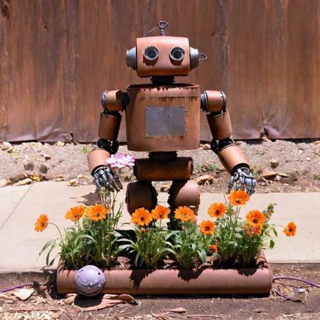 rusty robot planting flowers