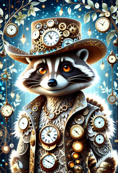 The image depicts a highly stylized and artistic representation of a (smiling raccoon wearing a cowboy hat:1.3) with a crystal, intricate white and bronze design. The figure has a slender, elongated body with a smooth, almost ethereal surface. The skin appears to be a combination of clocks and organic vines, with a pattern that resembles numbers between 1 and 12. The figure's body is adorned with a series of small, glowing lights and gears that add to the natural and otherworldly aesthetic.

The figure has fur that is intricately woven with metallic elements and small, delicate cogs. The fur is styled in a way that frames the face and extends down the back like steam or smoke. The face itself is striking, with large, expressive eyes that have an blue|green|amber|violet hue, giving the figure an intense and captivating gaze.

The background consists of a Victorian era circus, steampunk