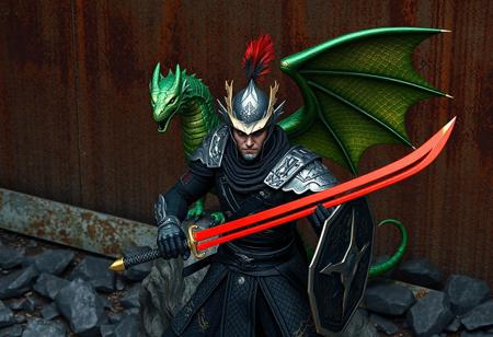 Generate a 4K, hyper-detailed image of a Senior Silver Ninja in black armor with silver metallic textures, wielding a red sword in his right hand and a shield in his left. His helmet features a plume, and his face shows regal determination. Behind him, a vibrant green dragon with iridescent scales perches on a rock, wings fully extended in a dramatic pose. The scene is set against a rusted metal wall with scattered jagged rocks, emphasizing an industrial, rugged environment.  
Apply a hybrid of Raphael’s classical aesthetics and Houdini’s dynamic motion, using Octane Render for metallic armor and Unreal Engine 5 for realistic lighting. Compose the image in isometric perspective with golden ratio alignment, placing the ninja in the center and the dragon slightly off-center. Include splash ink effects for atmospheric depth, balanced lighting to highlight the dragon’s wings and the ninja’s expression, and ensure the colors (black armor, red sword, green dragon) create a striking contrast.  
The image should convey a powerful, triumphant moment with vivid emotions, adhering to ArtstationHQ trending standards. Prioritize exceptional quality, sharp lines, and lifelike facial details.