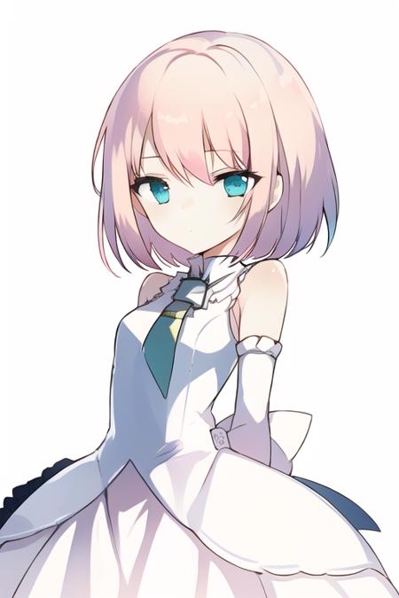 1girl, masterpiece,upper body, best_quality,pink hair,short hair, aqua eyes,(white background:1.4),arms behind back,white white dress,   <lora:lpip-v2-style-000007:1>