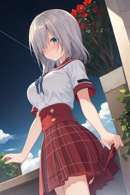 masterpiece,bast quality,official art,8K wallpaper,game cg,isuzurensch \(magiarecord\),red skirt,blue eyes,white shirt,large breasts,hair over one eye,blush,heavy breathing,expressionless,1girl,solo,dark sky,blue moon,cloud,blue lycoris radiata,<lora:ringsch2:1:1,0.1,0.1,0.1,0.1,0,0,0,0.7,0.9,0.9,0,0,0,0,0,0>