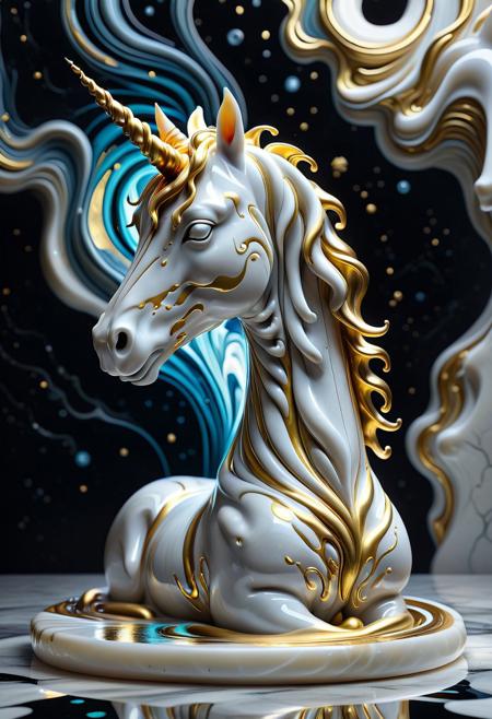 A surreal depiction of a unicorn formed from swirling liquid marble in radiant white and gold. The unicorn's elegant head and spiraling horn emerge prominently, crafted from polished, gleaming marble that appears to drip and melt into abstract fluid shapes. Golden accents flow seamlessly through the white marble, defining the contours of its features with a glowing, ethereal effect. The swirling patterns of the marble give the unicorn a sense of graceful motion, as if it is alive within the liquid medium. The background is a soft, minimalist gradient of gold and white, enhancing the ethereal atmosphere. Subtle geeky details, like pixelated patterns and circuit-like etchings, are embedded in the marble, giving the design a modern twist. The unicorn's form exudes a majestic yet surreal quality, with the dripping marble pooling beneath it into intricate, abstract swirls that resemble a mystical aura.