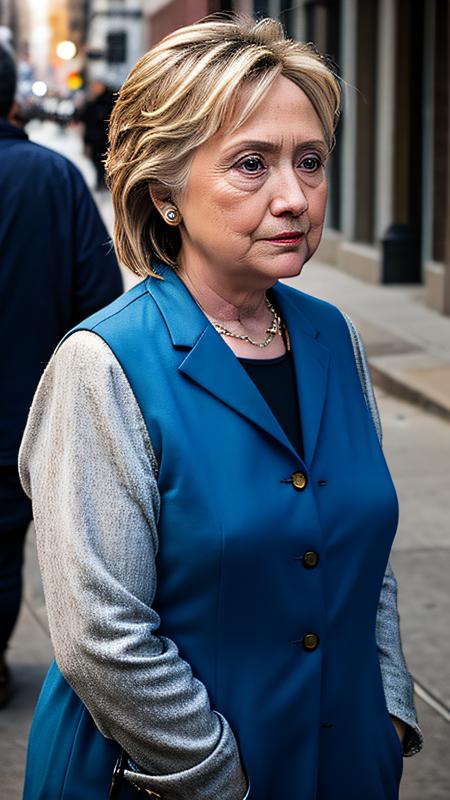 Hillary Clinton, European old woman as a very poor woman, beggar, ragged clothes, begging in New York, walking in a very dirty street, dirty city, crying in pain, whole body, full body in frame, detailed background, highly detailed face, extremely detailed, high quality, best quality, looking at viewer