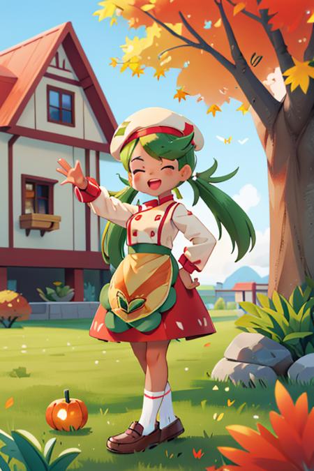 masterpiece, best quality, <lora:mallow-nvwls-v1-000008:1> palmallow, green hair, twintails, beret, chef's uniform, white shirt, long sleeves, apron, red skirt, white socks, loafers, :D, closed eyes, waving, raised arm, hand to hip, chibi, house, outdoors, lawn, autumn, socks, loafers, dark skin, solo