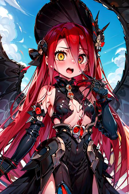 TYPHON TYPHON,1girl,yellow eyes,redeye,solo,very long hair,black dress,blush,elbow gloves,bare shoulders,heterochromia,black sclera,gauntlets, TYPHON,1girl,yellow eyes,redeye,solo,very long hair,black dress,blush,bare shoulders,heterochromia,black sclera,gauntlets,outdoors,blue sky,hat,fist shaking,STANCE,black wing,