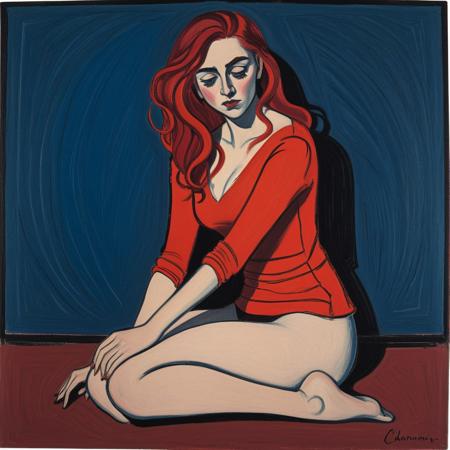 This prompt describes a pastel drawing of a woman seated in a contemplative posture. She has long, vibrant red hair and wears a fitted red top with a wide neckline. The woman sits on the floor, curling her legs to one side, with one arm resting on her knee and the other hand gently placed on her knee. Her expression is thoughtful, with a neutral backdrop that emphasizes her features. The lighting is dramatic, using chiaroscuro techniques to highlight her facial contours and the textures in her clothing and skin. The color palette combines deep reds, blues, and muted tones to create a striking contrast against the dark background. The composition is intimate and centered, inviting viewers to engage with the subject's emotional depth. The drawing's style is expressive, showcasing broad strokes and textures that convey a sense of movement and feeling. Technical aspects include a focus on texture and color blending typical of pastel drawings, with a loose application that imbues energy and warmth into the piece. ernst ludwig kirchner expressionism painting style