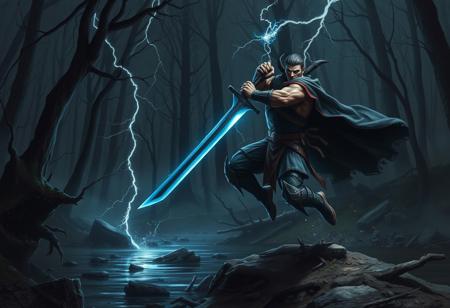a dark forest, shadows, dead trees, black river, wind, dead leafs flying, rocks, dirt, a broken armor dark muscle night jumping holding with both hands a big blue sword while a thunder falling on the sword shining bandaged hands  torn cape, ready to hit a red ugly monster