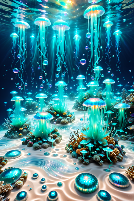 A surreal underwater realm where coral castles drip with glowing pearlescent syrup,jellyfish float like silk lanterns above a pearly sand floor,and luminous mermaids paint ocean currents with swirling trails of light and flowing pigments,magical realism,photoreal style,intricate lighting made of l1qu1dp34rl,pearlescent,flowing through bioluminescent coral reefs,iridescent bubbles rising in turquoise water,hyper-realistic translucency,pearlescent,
Masterpiece,best quality,hi res,8k,hi res,8k,award winning,(sharp focus, intricate, highly detailed),<lora:SDXLFaeTastic2400:0.4>,<lora:liquidpearlXL_r1:1>,<lora:TrendCraft_The_Peoples_Style_Detailer-v2.1A-3_12_2025-SDXL:0.8>