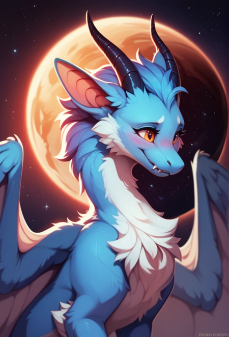 Darra furred dragon, female, white and blue fur, wings, horns, tail, chest fluff, paws, fangs, ton back, faded blue eyes