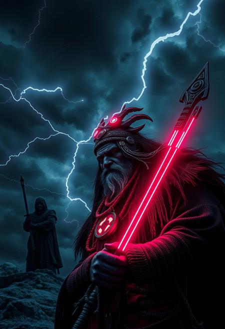 Intense jet black long exposure photograph depicting dramatic stormy skies. Siberian shaman, bold graphic style, vibrant neon accents, dramatic lighting, showcasing complex characters in a fantasy mythology setting.  Modern themes, morally ambiguous characters, sci-fi influences, epic tone, stylish visuals. Motion trails capture high tension.