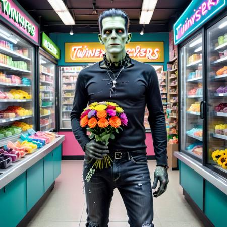 <lora:Frankensteins_Monster:1.0>
 <lora:Biolumins:0.8>
Frankenstein, male, 25 years old, green skin, bolts on neck, scars, twink, wearing dark gray t-shirt and black jeans and heavy black boots, standing casually, holding a bouquet of flowers 
in line at a convenience store 
show full body, establishing shot
