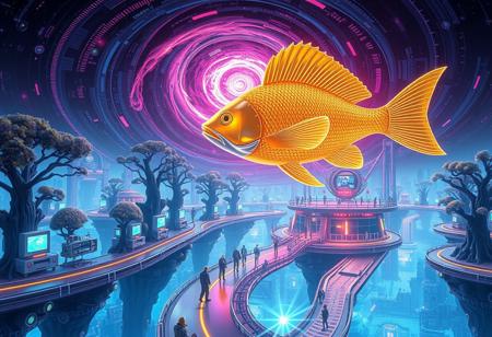 A floating neon city built entirely from giant CDs, reflecting a swirling cosmic sky. Towering mechanical trees with glowing circuits replace natural vegetation. Strange creatures with televisions for heads walk along gravity-defying roads, while a massive, golden fish hovers mid-air, its fins transforming into delicate fractals. The atmosphere is a mix of cyberpunk and dreamlike fantasy, with soft vaporwave lighting casting eerie yet beautiful reflections