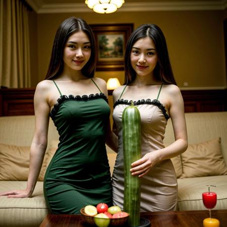 2girls masterpiece, dress, mature females indoor, furniture, holding a single (long) cucumber, smirking, , angle view
<lora:lcm_lora_sd15:1>
<lora:breastsizeslideroffset:0>
<lora:Background_Detail_v3:0.5>