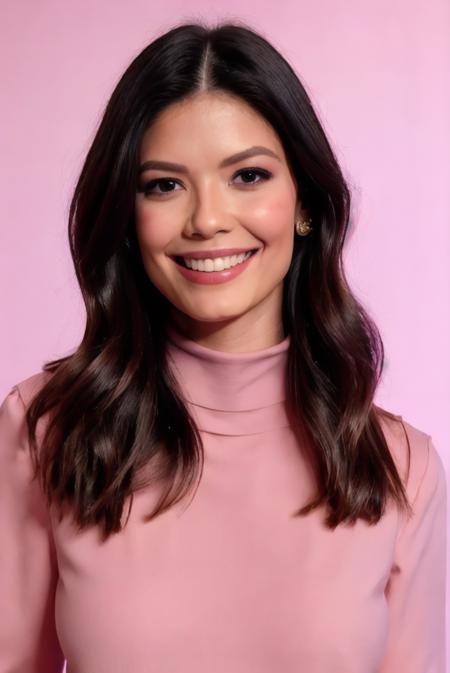 Photo of beautiful v1t0r1a5tr4d4 woman, detailed face, (blurred background)+, pink turtleneck blouse, analog film grain, smile, makeup+