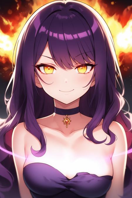 masterpiece, best quality,
long hair, purple hair, wavy hair, yellow eyes, purple eyes, gradient eyes, medium breasts, dress, choker, strapless, evil smile, glowing eyes, 
depth of field, night, bokeh, portrait, explosion, fire, lens flare,