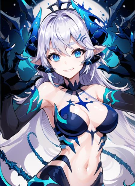 <lora:luciela1-000005:1>, iblis1,upper body, smile, standing, white background, simple background, blue gloves, center opening, large breasts,