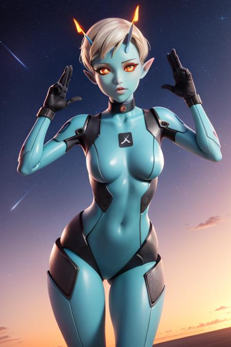 1girl, solo, standing, wearing clothes, looking_at_viewer, short_hair, red_eyes, horns, choker, pointy_ears, orange_eyes, glowing, colored_skin, star_\(sky\), covering, posing, blue bodysuit, android, mechanical_parts,  looking at viewer, <lora:Joey:0.5>