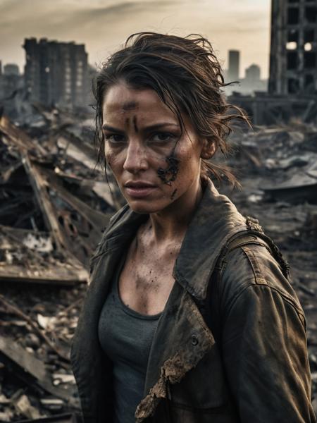 Capture the intensity of a female survivor making a last stand in a post-apocalyptic world. Frame the upper body against a dramatic backdrop of a destroyed cityscape, using low-key lighting techniques. Shoot with a Nikon Z6 and a 50mm lens to convey the gritty realism of the situation.